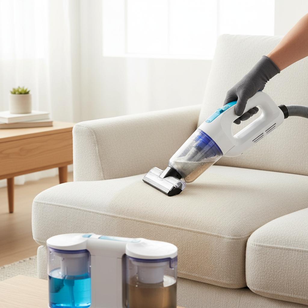 A vibrant, well-lit professional photo of a modern living room. A hand, possibly gloved, is actively using a sleek, contemporary upholstery wet vacuum cleaner (Polster Nasssauger) on a plush, light-colored sofa cushion. The focus is on the cleaning head traversing the fabric. One section of the cushion behind the cleaning head appears noticeably fresher and cleaner, perhaps slightly damp, contrasting subtly with a still-uncleaned, slightly duller or faintly stained adjacent section. The overall scene conveys efficiency and effective deep cleaning, emphasizing the transformation of the furniture. The lighting should be bright and inviting.