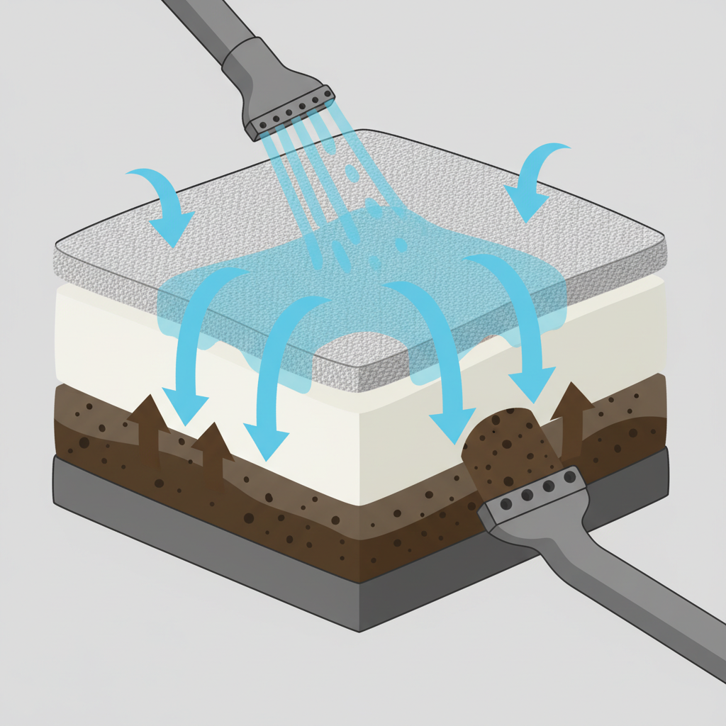A detailed, clear flat illustration depicting a cross-section of a fabric-upholstered surface, like a sofa cushion or mattress. The illustration should visually explain the 'Polster Nasssauger' cleaning process. Show a spray nozzle emitting clean water mixed with cleaning solution deep into the fabric fibers from above. Simultaneously, a suction nozzle below is actively pulling dirty, discolored water and microscopic particles upwards and away. Represent the clean water as clear blue and the dirty water as murky brown. The illustration should be precise, with distinct arrows indicating the flow, making the deep cleaning action easily understandable.