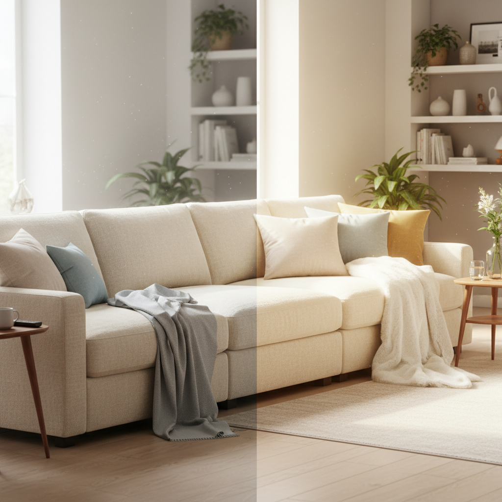 A professional, inviting lifestyle photograph capturing a cozy living room scene. The image should subtly convey a 'before and after' effect or a clean vs. slightly neglected dichotomy. One part of the couch shows faint signs of use, perhaps a subtle dullness in the fabric or a hint of accumulated dust in the air, implying everyday wear. The other part, or the overall impression, is of a fresh, clean, and vibrant couch bathed in soft, natural light, highlighting its restored beauty and inviting comfort. The focus is on the visual transformation and the fresh, hygienic feeling.