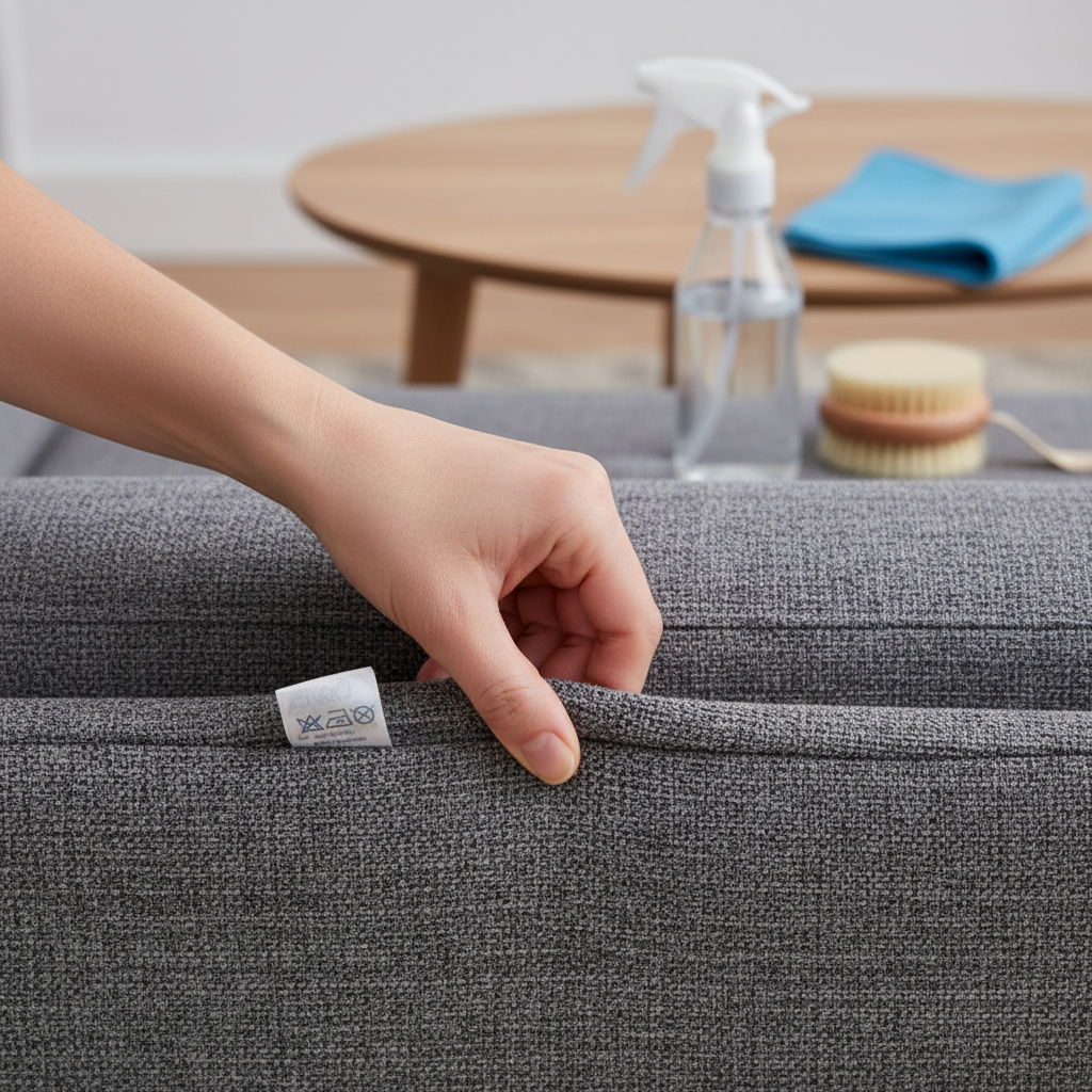 A detailed, close-up photograph or realistic illustration focusing on the preparation step of cleaning. A human hand (gender-neutral) is gently pulling back a couch cushion or reaching into a seam to reveal a care label, which is partially visible but without any legible text. In the soft-focus background, a small collection of generic cleaning supplies such as a spray bottle, a soft-bristle brush, and a neatly folded microfiber cloth are artfully arranged, hinting at the upcoming cleaning process. The overall style should be clean, practical, and informative, emphasizing the importance of identifying the material.