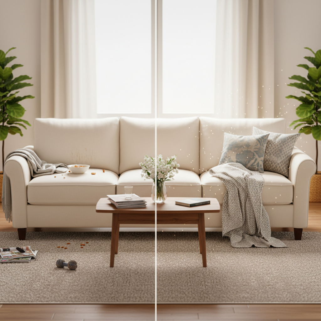 A cozy living room scene featuring a split-screen or 'before & after' concept for a sofa. On one side, a slightly dull, stained sofa with faint pet hair or crumbs, showing signs of everyday use. On the other side, the same sofa appears vibrantly clean, fresh, and inviting, perhaps with light sparkling effects or a subtle glow, conveying a sense of renewal and hygiene. The focus is on the transformation, depicting a well-maintained, comfortable space. Soft, natural lighting. Professional lifestyle photography.