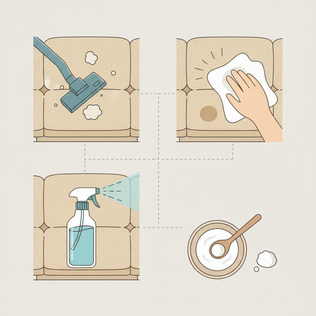 An overhead flat lay illustration showcasing various cleaning tools and steps for sofa upholstery. Include a vacuum cleaner nozzle actively suctioning dust from a sofa cushion, a spray bottle with a cleaning solution, a soft cloth dabbing a small, generic stain, and a small bowl with a homemade cleaning mixture (e.g., baking soda paste). The overall aesthetic should be clean, organized, and instructional, emphasizing gentle care. Bright, friendly flat illustration style with a focus on simplicity and clarity.