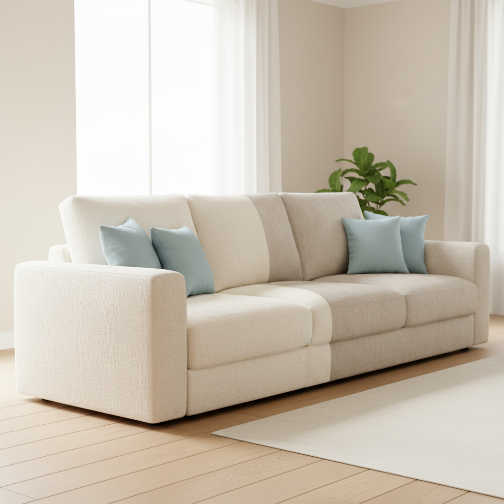 A professional, brightly lit lifestyle photograph of a modern, comfortable sofa. One half of the sofa appears immaculately clean, its fabric vibrant, fresh, and inviting. The other half, subtly darker or slightly dulled, shows faint, soft smudges or a very light, diffused 'before' appearance, indicating mild dirt or wear. The contrast should be clear but not jarring, conveying the transformative effect of cleaning. Emphasize the texture and inviting nature of the clean upholstery, with soft, natural light highlighting its freshness.