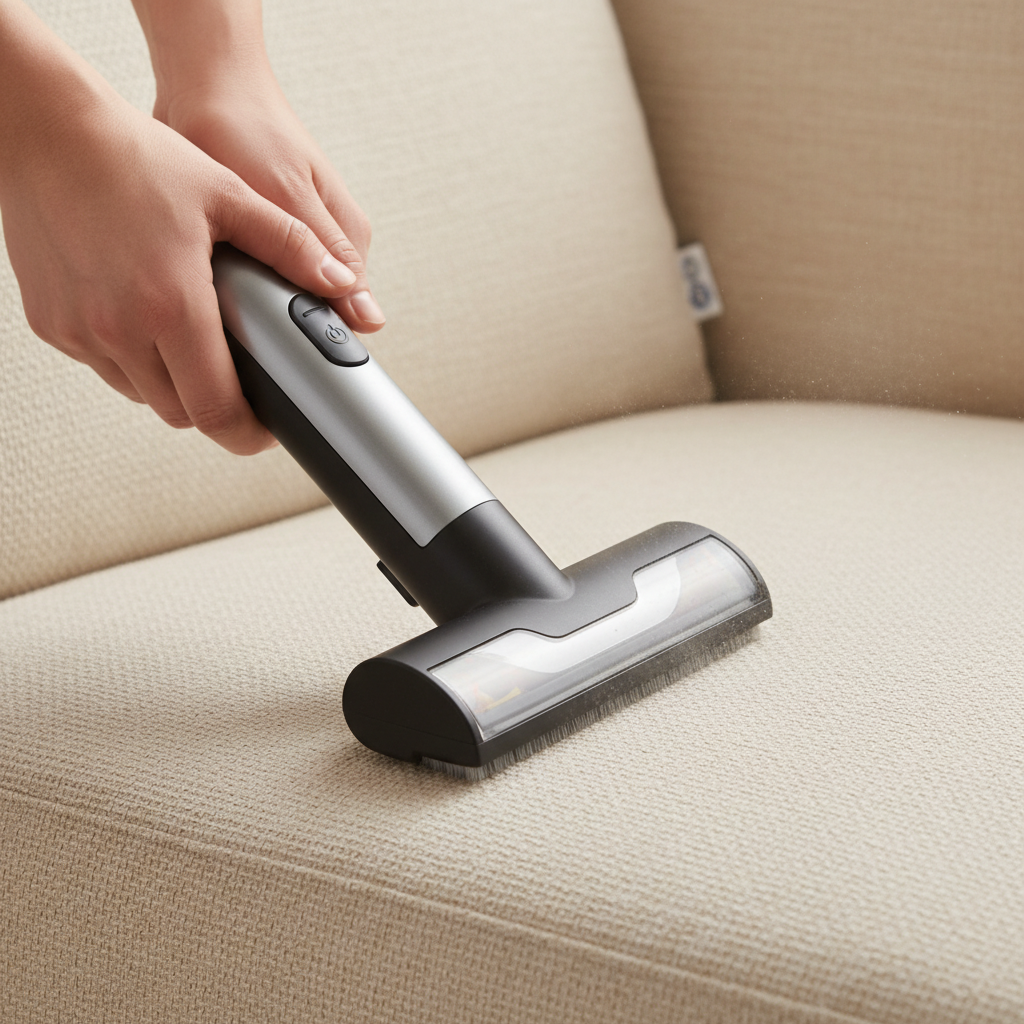 A close-up, high-quality, realistic photograph showing a person using a handheld vacuum cleaner with an upholstery attachment on a section of a sofa or armchair cushion. The vacuum nozzle is actively working on the fabric, effectively removing unseen dust and loose debris, subtly suggested by the crispness of the fabric after its pass. In the blurred background, out of focus, a small, fabric care label with indecipherable symbols is visible, hinting at the importance of checking it before cleaning. The focus is on the precise and thorough action of cleaning preparation.