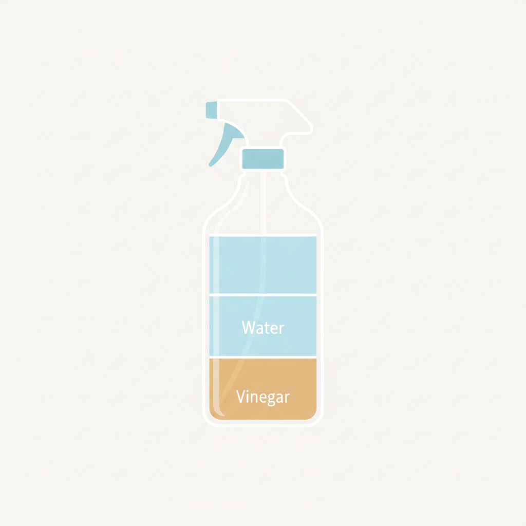A clean, minimalist flat illustration in an infographic style, depicting the crucial dilution ratio for cleaning vinegar. A transparent measuring beaker or a stylized spray bottle is centrally positioned, visually divided into sections: one smaller section filled with a light amber color representing 'vinegar' and three to four larger sections filled with clear blue water. Simple, clean lines and pastel colors create a visually appealing guide to safe mixing, emphasizing clarity and precision for household cleaning without any additional labels or text.