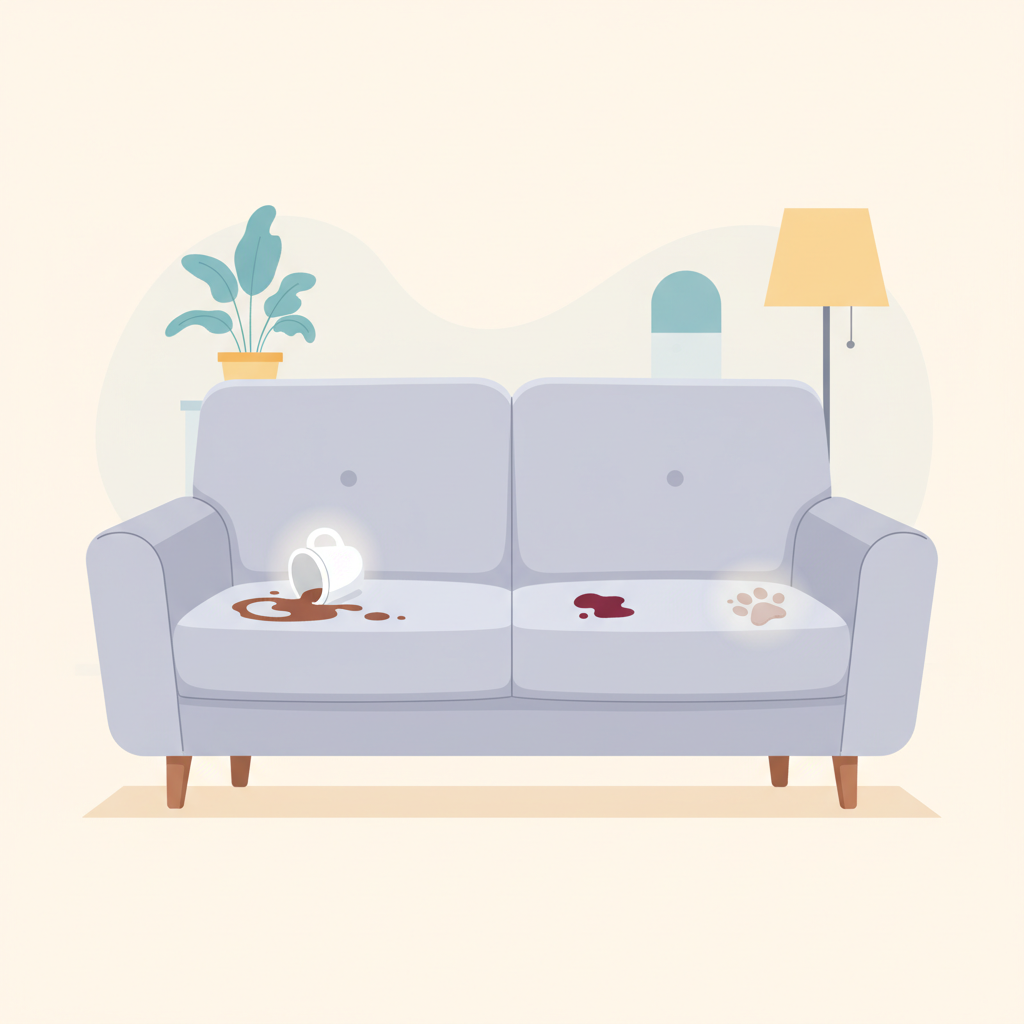 A vibrant, inviting flat illustration depicting a modern living room scene. A stylish, light-colored upholstered sofa is subtly marred by several distinct, common stains: a fresh coffee ring with a nearby overturned mug, a small splash of red wine, and a faint, muddy paw print. The overall mood should be slightly blemished but hopeful, implying the possibility of cleaning. The background is minimalist, focusing attention on the sofa and its imperfections. The color palette is clean and cheerful, with the stains providing contrasting points of interest.
