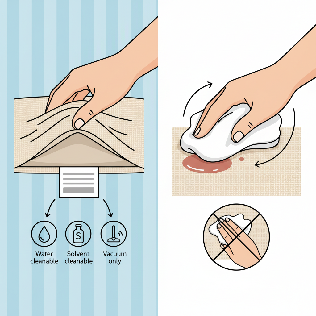 An informative infographic-style illustration focusing on the initial steps of upholstery cleaning preparation. One section shows a close-up of a hand gently pulling back a sofa cushion to reveal a care label, clearly displaying visual symbols for 'Water cleanable' (a water drop), 'Solvent cleanable' (a stylized solvent bottle), and 'Vacuum only' (a vacuum cleaner icon). Another section depicts a hand carefully blotting a small, fresh liquid spill on fabric with a clean, dry cloth, emphasizing a dabbing motion rather than rubbing. The style is clear, precise, and easily understandable, with distinct sections for each action.