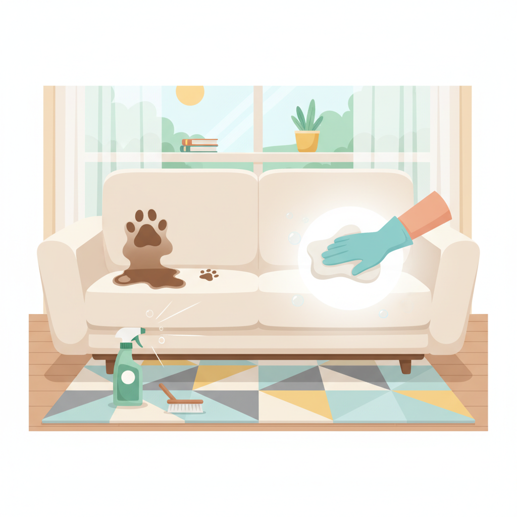 A visually appealing flat illustration depicting a cozy living room scene. A stylish, light-colored sofa is prominently featured. On one side, a visible stain (e.g., coffee spill or muddy paw print) mars the fabric, representing the 'before'. On the other side, the sofa cushion is pristine and fresh, glowing subtly. A hand, perhaps wearing a glove, is gently dabbing the stained area with a cleaning cloth, suggesting the cleaning process. Nearby, a spray bottle and a small brush are subtly placed. The overall mood should be bright, clean, and optimistic, highlighting the transformation from dirty to perfectly clean.