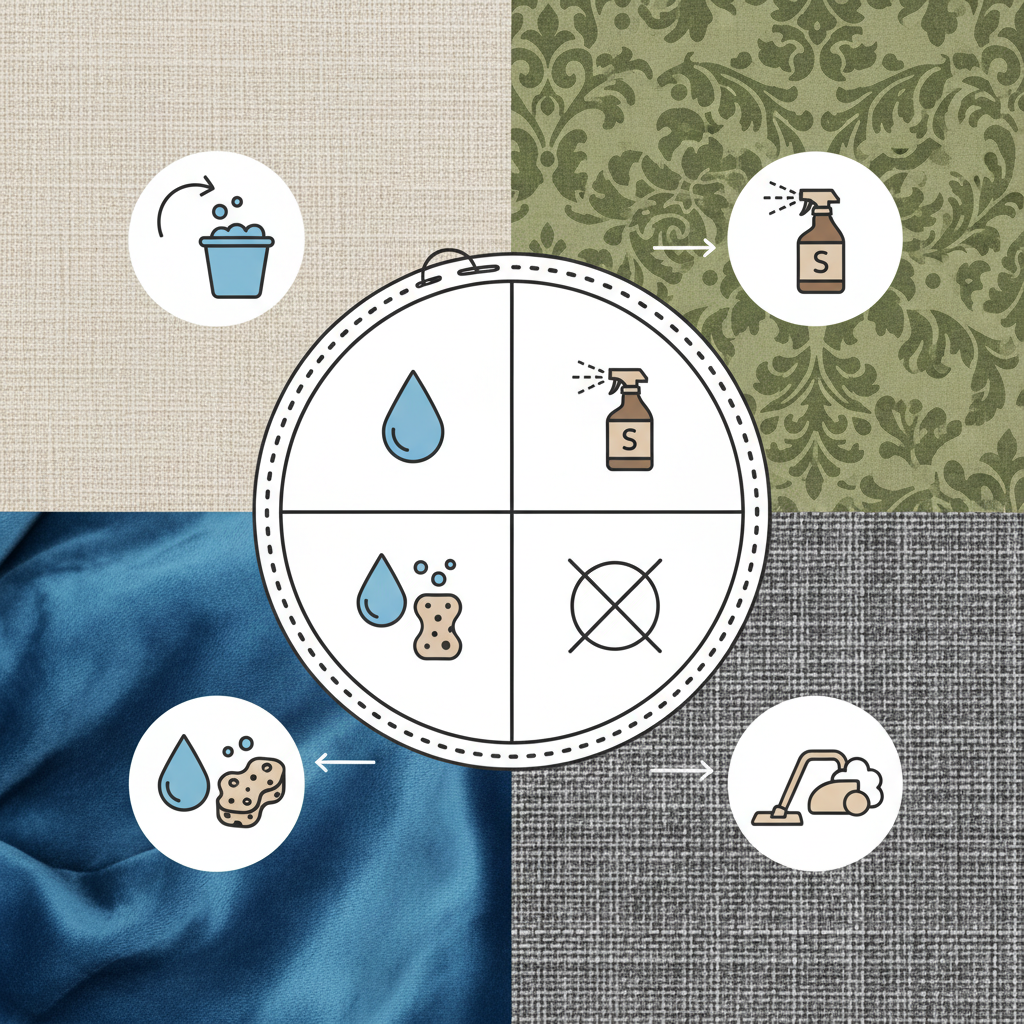 An educational, infographic-style illustration centered around identifying upholstery fabric types for cleaning. The central element is a close-up of a fabric care label, clearly showing four distinct symbols: W, S, W/S, and X. Each symbol is visually linked to a small, distinct graphic demonstrating its meaning: a water droplet for 'W', a solvent bottle for 'S', both a water droplet and solvent bottle for 'W/S', and a vacuum cleaner nozzle for 'X'. The background should be clean and uncluttered, with subtle fabric textures or swatches in the background to emphasize variety. The visual should be clear, concise, and easy to understand, guiding the viewer through the identification process.