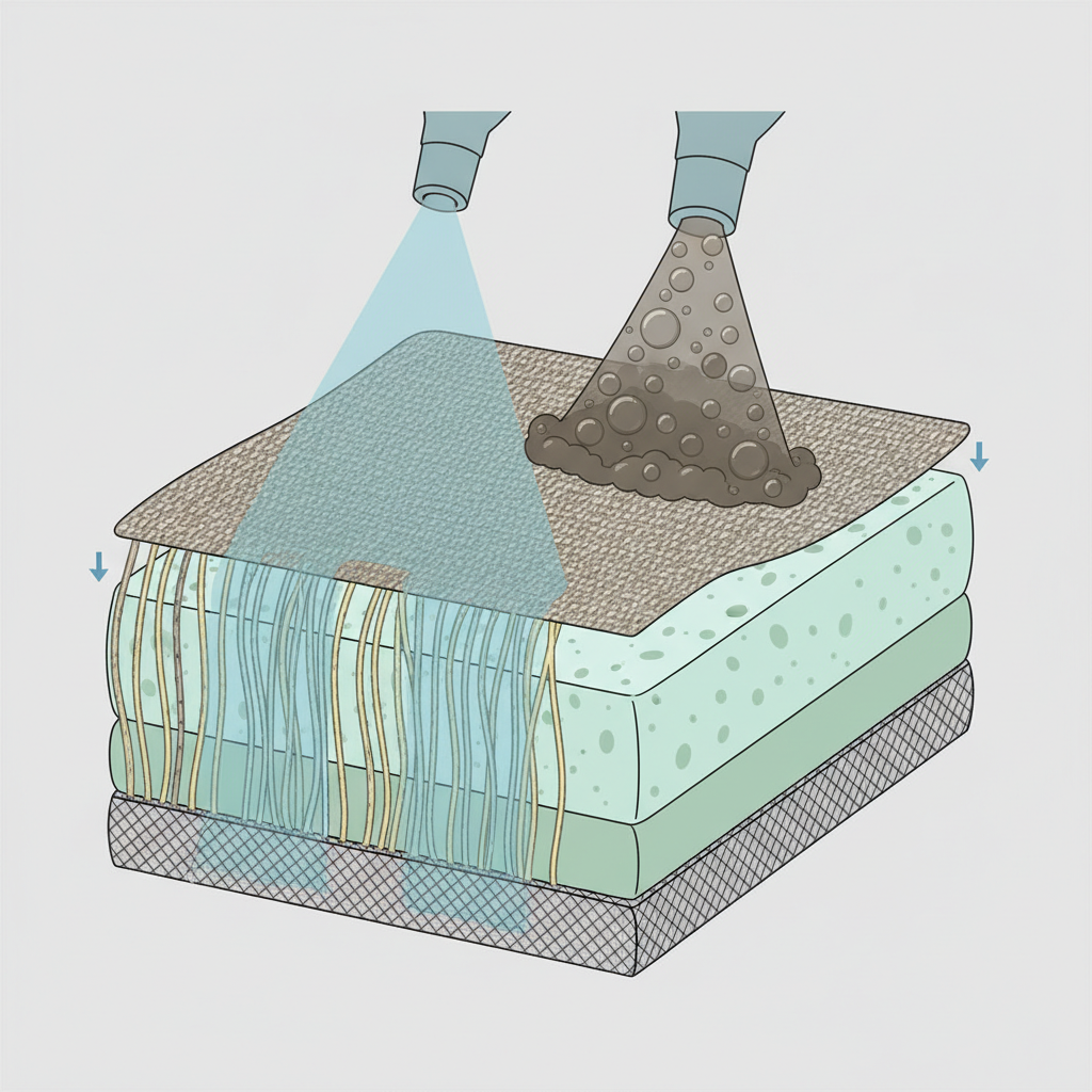 A detailed cross-section view of upholstery fabric, like a sofa cushion. A cleaning device nozzle is positioned above, demonstrating the spray extraction process. A fine mist of cleaning solution is seen penetrating deep into the fabric fibers. Simultaneously, a suction mechanism within the nozzle is clearly depicted, pulling up a visibly dirty, foamy liquid from the cleaned area. The fibers on the extracted side should appear noticeably cleaner and refreshed, contrasting with the untreated, soiled section. Use a clean, infographic style with subtle color coding to differentiate clean and dirty substances.