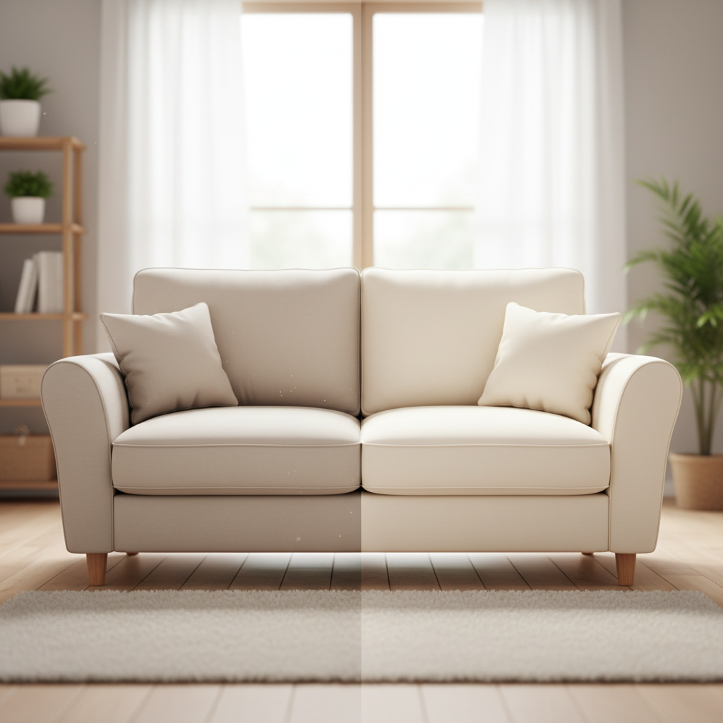 A split-view illustration of a modern living room sofa, clearly showing a 'before and after' effect. The left half of the sofa appears dull, with visible but subtle stains and signs of everyday wear, embodying a dirty state. The right half is vibrant, spotless, and looks plush and freshly cleaned, radiating a sense of newness and hygiene. The background should be soft and inviting, suggesting a comfortable home environment. The image should convey freshness and cleanliness. Use a professional photo style with soft, natural lighting, focusing on the texture and colors of the fabric.