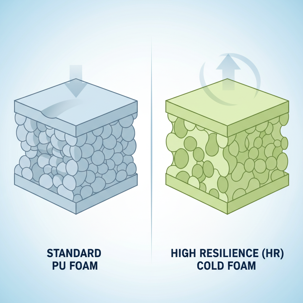 An infographic-style illustration comparing two types of upholstery foam. On the left, a cut-away block of standard Polyurethane (PU) foam with a slightly irregular, denser cellular structure, appearing to slightly compress under an implied force. On the right, a cut-away block of High Resilience (HR) cold foam with a more uniform, open-cell structure, showing a resilient, spring-like quality as if immediately bouncing back from compression. The overall visual should emphasize the internal structural differences and elasticity, using a clean, modern aesthetic with bright, inviting colors.