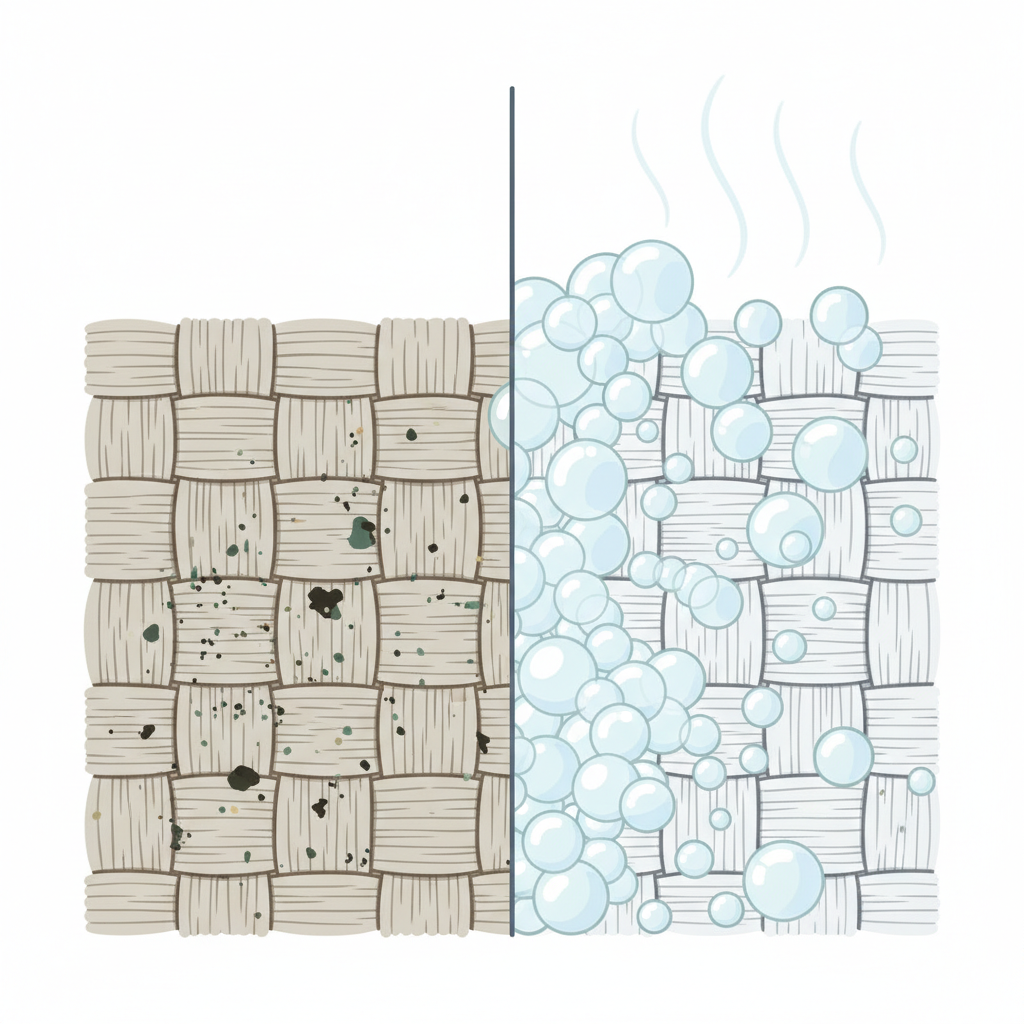 A detailed, modern flat illustration or an infographic-style diagram showing a magnified cross-section of upholstery fabric. On the left side, visible dirt and grime particles are deeply embedded between the fabric fibers. On the right side, foamy bubbles, light and airy, are shown actively penetrating the fibers. These foam particles are encircling and lifting the dirt away from the fibers, illustrating the deep cleaning action. A subtle visual cue of evaporating moisture, like faint wisps, could accompany the foam, emphasizing quick drying. The fabric fibers on the right appear pristine.
