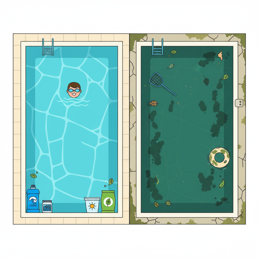A split image or side-by-side comparison illustrating the contrast between a well-maintained pool and a neglected one. On one side, a vibrant, crystal-clear blue pool shimmering under sunlight, with a reflection of a happy swimmer enjoying the water. On the other side, a murky, green, and slightly slimy pool with visible algae growth and debris. Various stylized pool cleaning product containers (bottles, tubs, granular bags, tablets) are artfully arranged around the clean pool side, hinting at their role in maintaining pristine water. Use a bright, inviting flat illustration style with clean lines and a focus on color contrast.