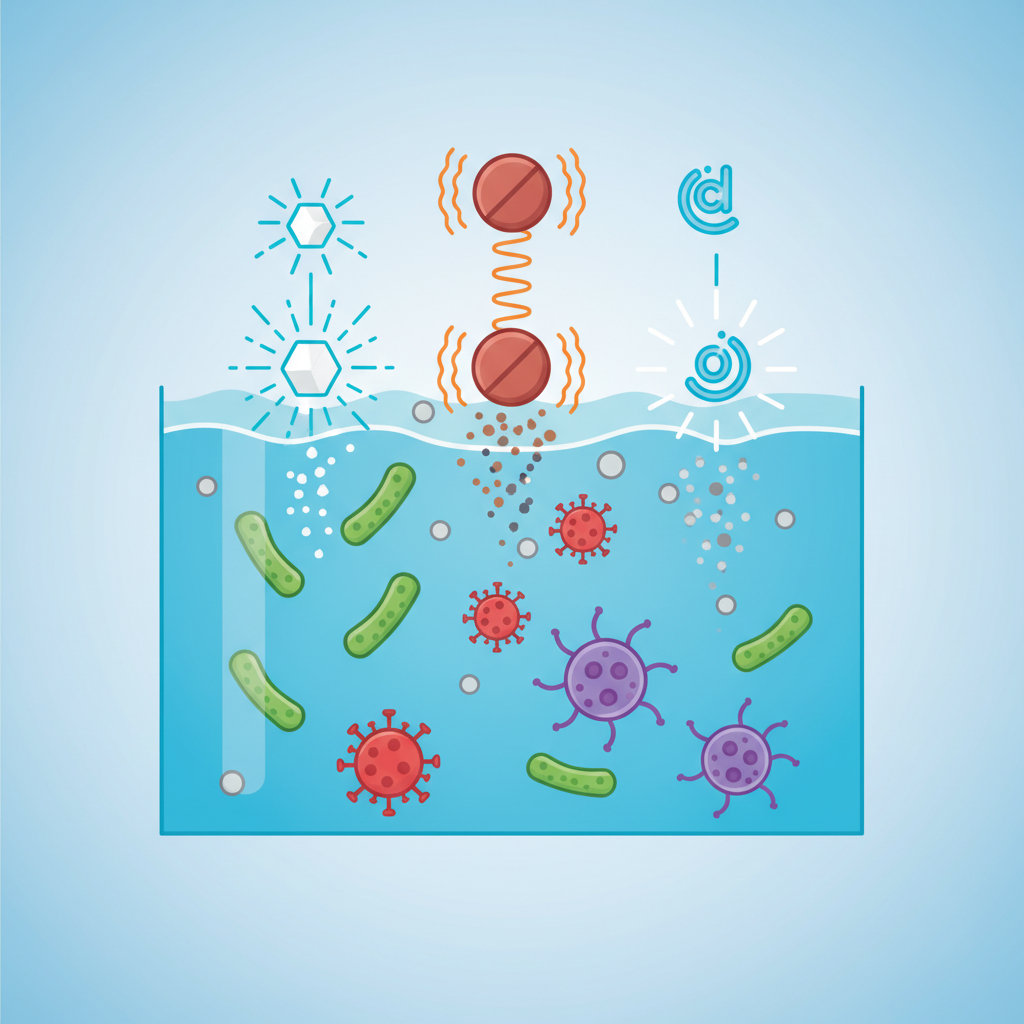 An infographic-style illustration depicting the 'Wissenschaft hinter sauberem Poolwasser.' The central focus is a cross-section of clear, blue pool water, with stylized microscopic elements like bacteria, viruses, and algae represented as small, colorful shapes. Various cleaning agents (e.g., stylized chlorine granules, bromine tablets, activated oxygen symbols) are shown being introduced into the water from the top, with abstract energy waves or trails radiating from them, visually 'eradicating' or neutralizing the microorganisms. The overall impression should be clean, scientific, and dynamic, using a modern, vector-based illustration style.