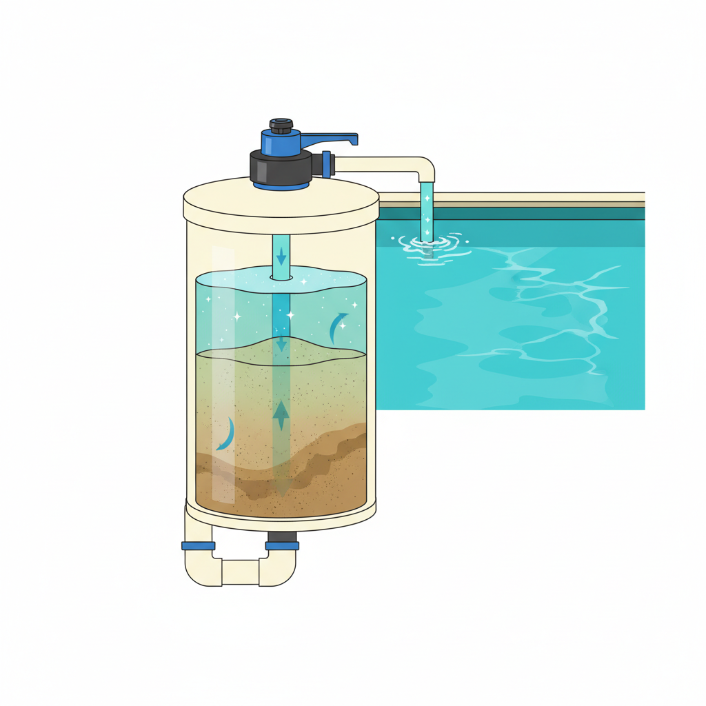 A detailed infographic-style illustration showcasing the internal workings of a sand filter system for a swimming pool. The scene should depict a cross-section of a filter tank filled with sand, clearly showing dirty pool water (light brown/greenish) entering the tank from the bottom or side, then flowing upwards through the sand layers. Accumulating dirt particles should be visible within the sand. Clean, sparkling blue water should be shown exiting the top of the tank, returning to an adjacent, pristine-looking pool. Subtle arrows indicate the water flow direction. The multi-way valve should be clearly visible on top of the filter. Use bright, clean colors and a professional, technical drawing aesthetic.