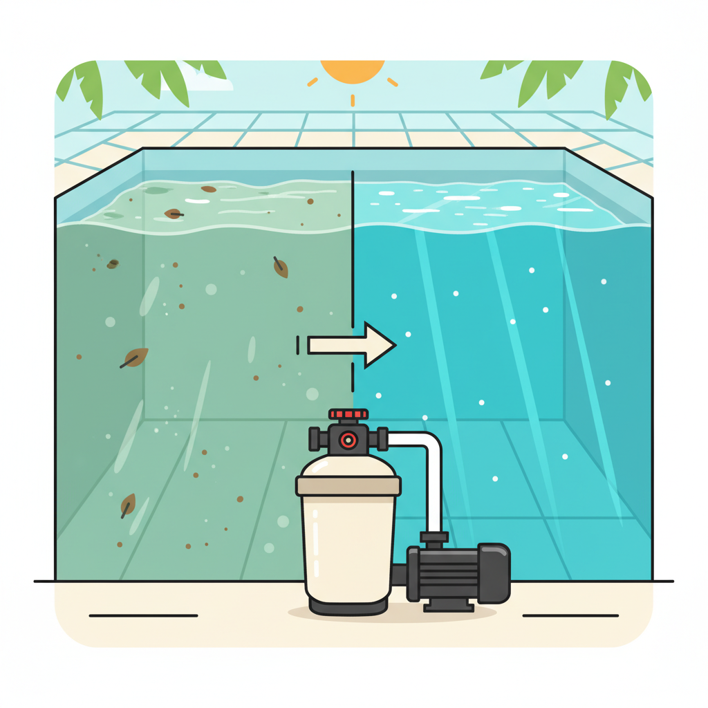 A vibrant, clean flat illustration depicting the transformation of pool water before and after cleaning with a sand filter. On the left side, show a section of a swimming pool with noticeably murky, slightly greenish water containing small floating debris like leaves and particles. On the right side, the same section of the pool should display sparkling, crystal-clear blue water, reflecting light beautifully. In the background or foreground, a modern sand filter system with its pump and multi-way valve is subtly visible, acting as the catalyst for this transformation. The focus is on the striking visual contrast between dirty and clean water, emphasizing hygiene and clarity.