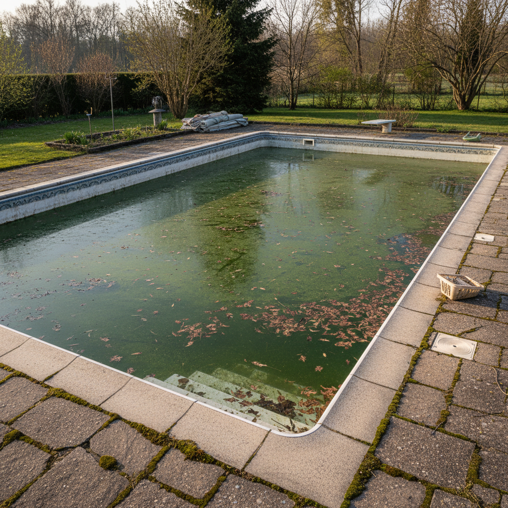 A serene yet slightly neglected swimming pool under a bright, early spring sun. The pool water is a murky green, indicating algae growth, with various fallen leaves and debris scattered across the surface and visible on the bottom. The pool walls show faint lines of winter grime. The scene visually captures the common state of a pool immediately after winter, before any cleaning has begun, conveying the need for revitalization. Professional photo.