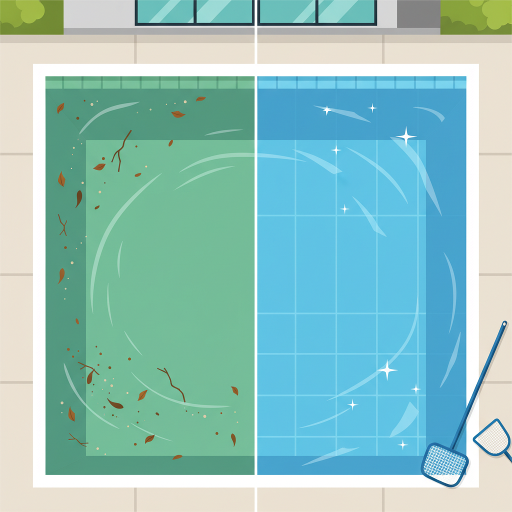 A stylized, split-view illustration showcasing the transformation of a swimming pool. On one side, the pool water is murky green with floating leaves and sediment, representing the 'before' state after winter. On the other side, the same pool section features sparkling, crystal-clear blue water, perfectly clean and inviting, representing the 'after' state. A clean pool brush and a skimmer are subtly placed near the clear side, hinting at the cleaning effort. Flat illustration style, clean lines.
