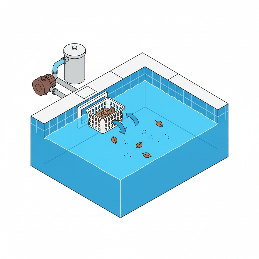 A detailed, clean flat illustration with a slightly isometric perspective, depicting a cross-section of a swimming pool's filtration system. Focus on the skimmer integrated into the pool wall at water level. Show clear blue water with small leaves and debris floating on the surface being pulled into the skimmer opening. Illustrate the internal skimmer basket collecting the debris. Arrows should clearly indicate the water flow path from the pool surface, through the skimmer, and continuing towards simplified representations of a pump and filter in the background, conveying the entire circulation process.