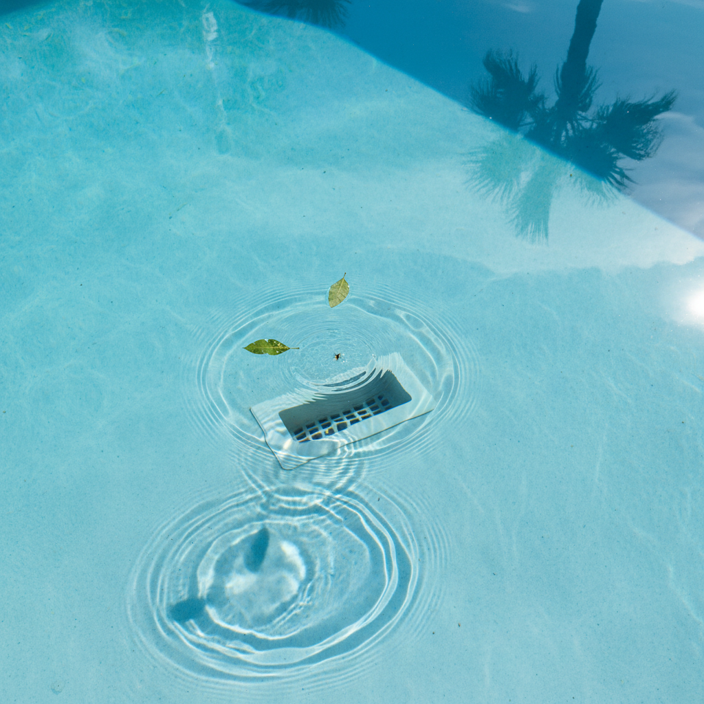 A professional photo taken from a slightly elevated perspective, looking down into the corner of a sparkling blue swimming pool where a skimmer is located. The water surface should be crystal clear, with subtle ripples around the skimmer opening. Show small, natural debris like a couple of leaves or a tiny insect gently being drawn towards and into the skimmer. The focus is on the efficient, almost invisible action of the skimmer cleaning the water surface, highlighting the pristine quality of the surrounding water.