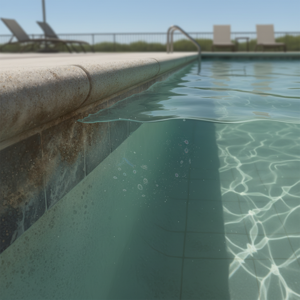 A detailed, realistic digital painting of a swimming pool edge, viewed at water level. The focus is on a prominent, discolored grime line, appearing brownish-grey, clinging just above the water surface along the pool wall. The water itself appears slightly cloudy near the edge, with subtle abstract representations of environmental debris like tiny dust particles and microscopic oil slicks floating or congregating close to the wall, visually explaining the causes of the 'bathtub ring' effect. The overall mood conveys the unpleasantness of a neglected pool edge, emphasizing the need for cleaning.