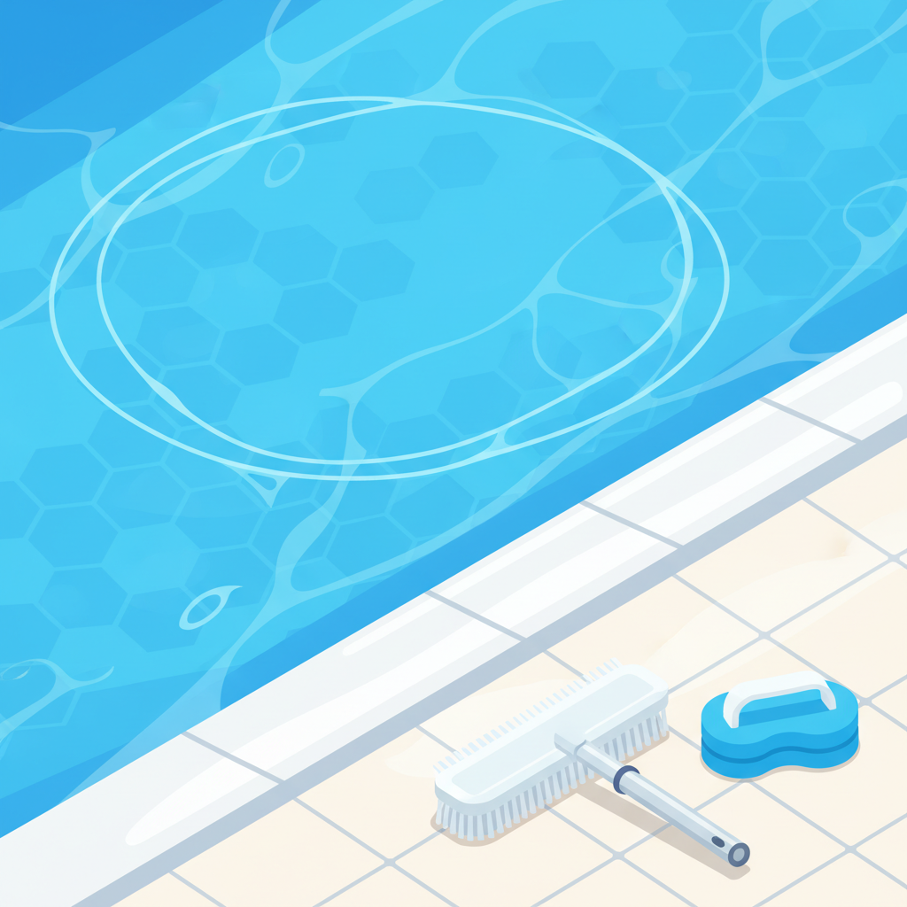A vibrant and clean flat illustration depicting a pristine, sparkling blue swimming pool. The focus is on the pool edge, which is impeccably clean and reflects the sunlight beautifully. A gentle ripple effect is visible on the water's surface, enhancing the sense of freshness and clarity. In the foreground, subtly integrated into the scene without being the main focus, are generic, non-branded cleaning tools like a soft pool brush or sponge, resting neatly near the clean tile, suggesting effortless maintenance. The illustration should evoke a sense of calm, inviting cleanliness and the joy of a well-maintained pool.