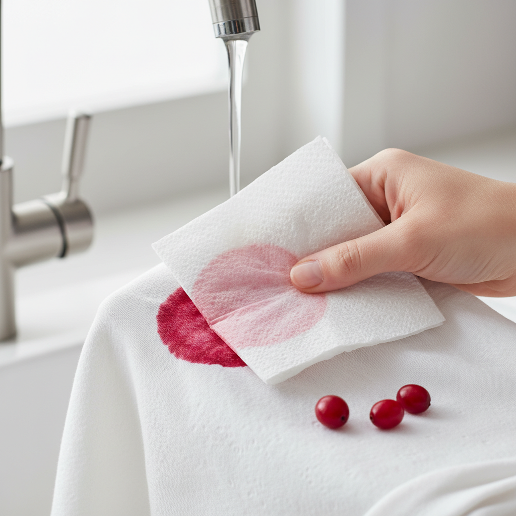 A close-up, professional photo of a fresh, vibrant red cranberry (Preiselbeere) stain on a piece of white cotton fabric, possibly a shirt. A hand is gently dabbing the stain with a clean, white paper towel, showing the initial absorption of the liquid. In the background, slightly out of focus, another hand is holding the reverse side of the stained fabric under a gentle stream of cold water from a faucet, illustrating the rinsing action. The overall scene should convey urgency and careful handling, with a clean and bright aesthetic. A few scattered fresh cranberries are visible for context.