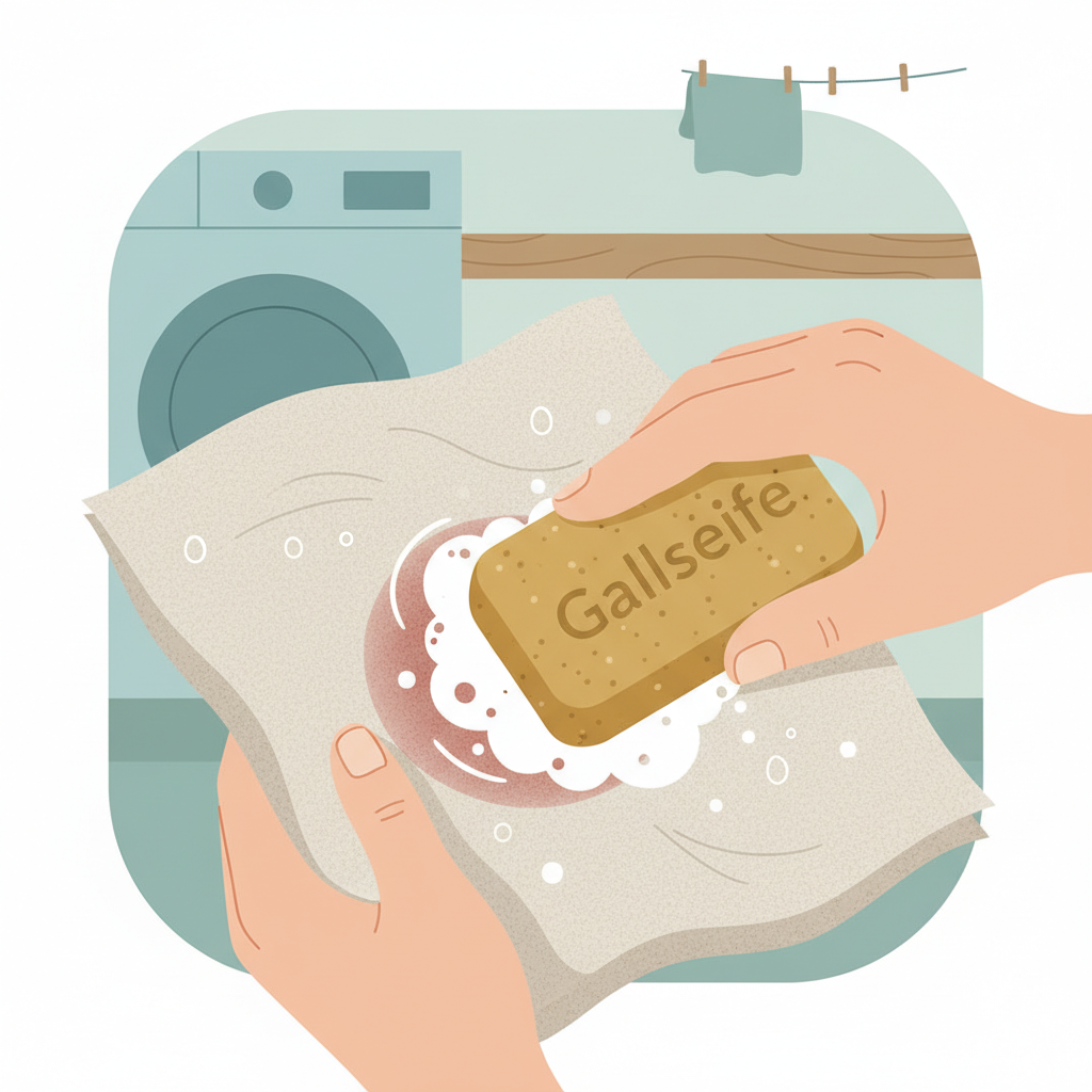 A clean, modern flat illustration depicting the application of Gallseife (bile soap) to a preiselbeere stain. The image shows a detailed close-up of a light-colored fabric with a visible, but slightly faded, red stain. A bar of traditional, yellow-brown Gallseife is being gently rubbed across the damp stained area by a pair of hands. The background is minimalist, suggesting a laundry setting. The style should be clear and instructive, highlighting the texture of the soap and fabric, emphasizing the cleaning process without showing any explicit text or before/after comparison.
