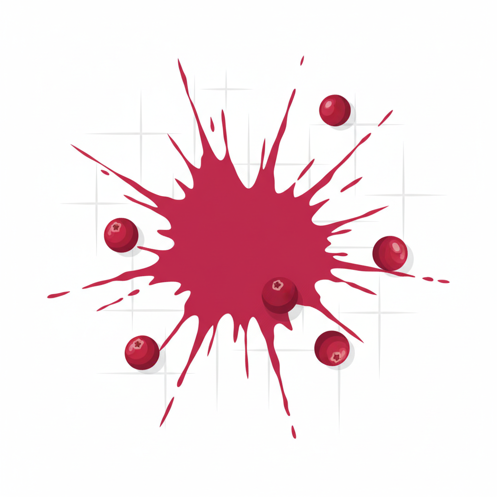 A visually striking flat illustration depicting a vibrant red cranberry stain aggressively spread across a pristine white fabric, perhaps a tablecloth or a shirt. The stain should appear rich and saturated, with slight irregular edges, conveying its stubborn nature. Scattered nearby are a few whole, glossy red cranberries, subtly hinting at the source of the problem. The overall composition should be clean and bright, emphasizing the contrast between the clean fabric and the challenging stain. The style is modern, professional, and slightly minimalistic, suitable for a blog article's introductory image.