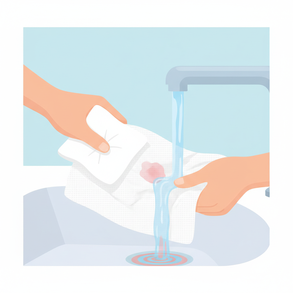 An instructional-style flat illustration showcasing the crucial first steps of stain removal. A close-up view depicts a pair of gentle hands holding a piece of light-colored fabric with a fresh, small cranberry stain. One hand carefully dabs the stain with a clean, white paper towel, while the other hand holds the fabric under a stream of cold, clear water flowing from a faucet, hitting the reverse side of the stain. The illustration should emphasize the careful, non-rubbing motion and the continuous flow of cold water. The color palette is fresh and clean, with a focus on the action and the diminishing stain, perfect for a 'how-to' section of a blog.