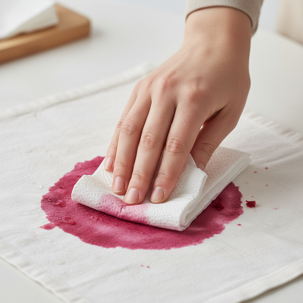 A professional, well-lit close-up photo showing the immediate aftermath of a cranberry stain on a light-colored fabric, like a white cotton napkin or shirt. A fresh, circular red-purple stain is visible on the fabric. A person's hands, wearing light-colored clothing or no identifying features, are gently dabbing the stain with a clean, folded piece of white paper towel. The focus is on the delicate dabbing motion to absorb the liquid without spreading, highlighting the urgency and precision of the initial step. The background is softly blurred to keep attention on the action and the stained fabric.