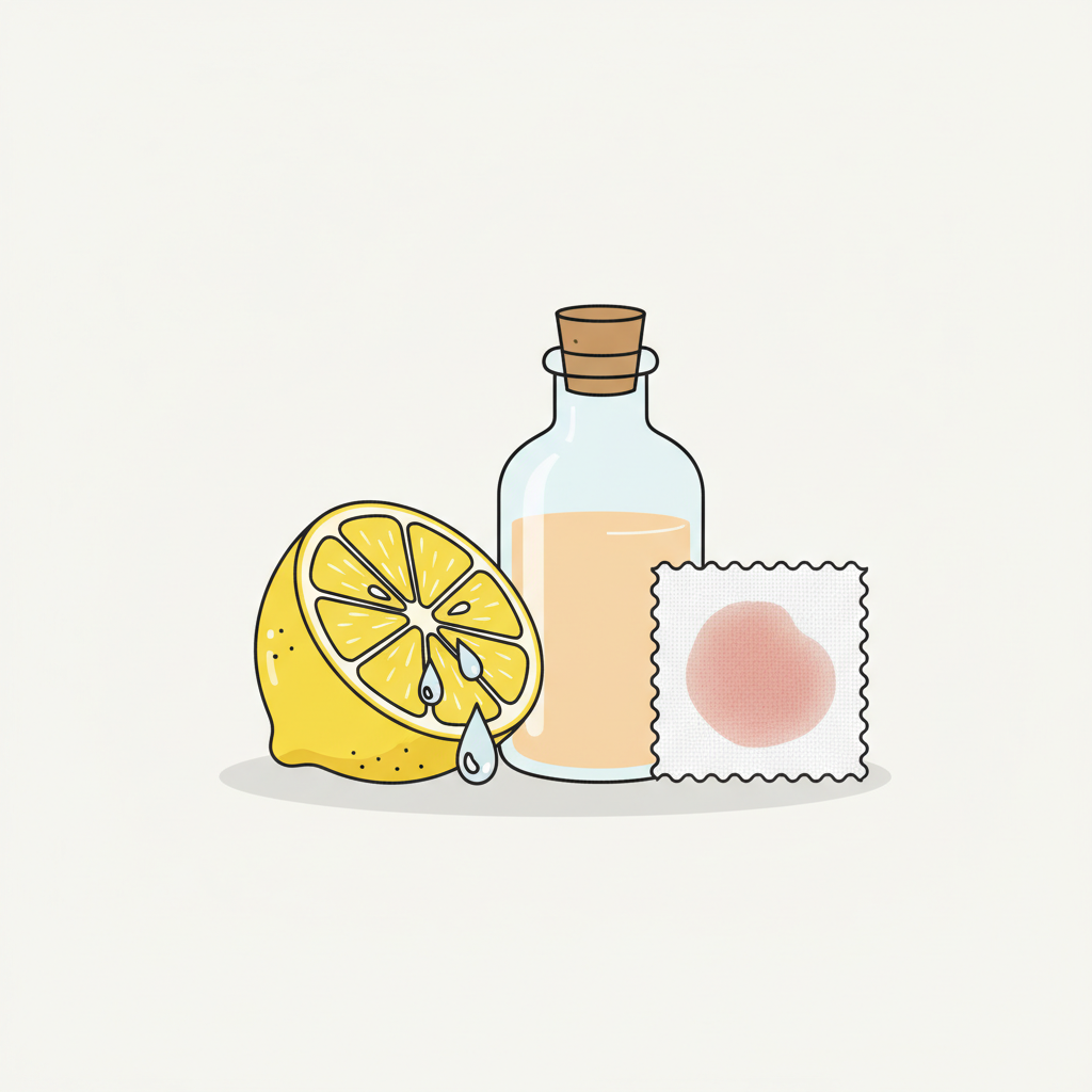 A clean and modern flat illustration depicting the household remedies for cranberry stain removal. On a light, minimalist background, a small, vibrant yellow lemon half with a few subtle drops of water, and a simple, stylized clear bottle containing a light amber liquid, representing vinegar, are arranged next to a small swatch of white fabric with a partially faded red stain. The composition emphasizes these two natural agents as effective solutions. The overall style should be infographic-like, clear, and easy to understand, focusing on the key ingredients mentioned in the article.