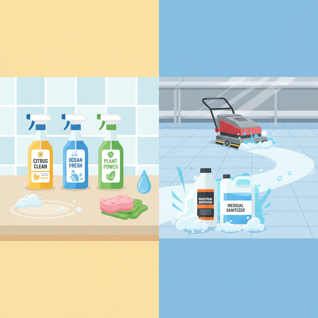 A vibrant, split-screen flat illustration contrasting household cleaning with professional cleaning. On the left, a small, domestic kitchen counter with a few typical, colorful household cleaning sprays and sponges, showing mild suds and a simple wiped area. On the right, a large, industrial kitchen surface or a gleaming hospital floor, featuring larger, more robust professional cleaning bottles or equipment (e.g., a floor scrubber in the background), depicting powerful, concentrated cleaning action through energetic bubbles or a sweeping path of intense cleanliness. The difference in scale, power, and specialization should be visually distinct.