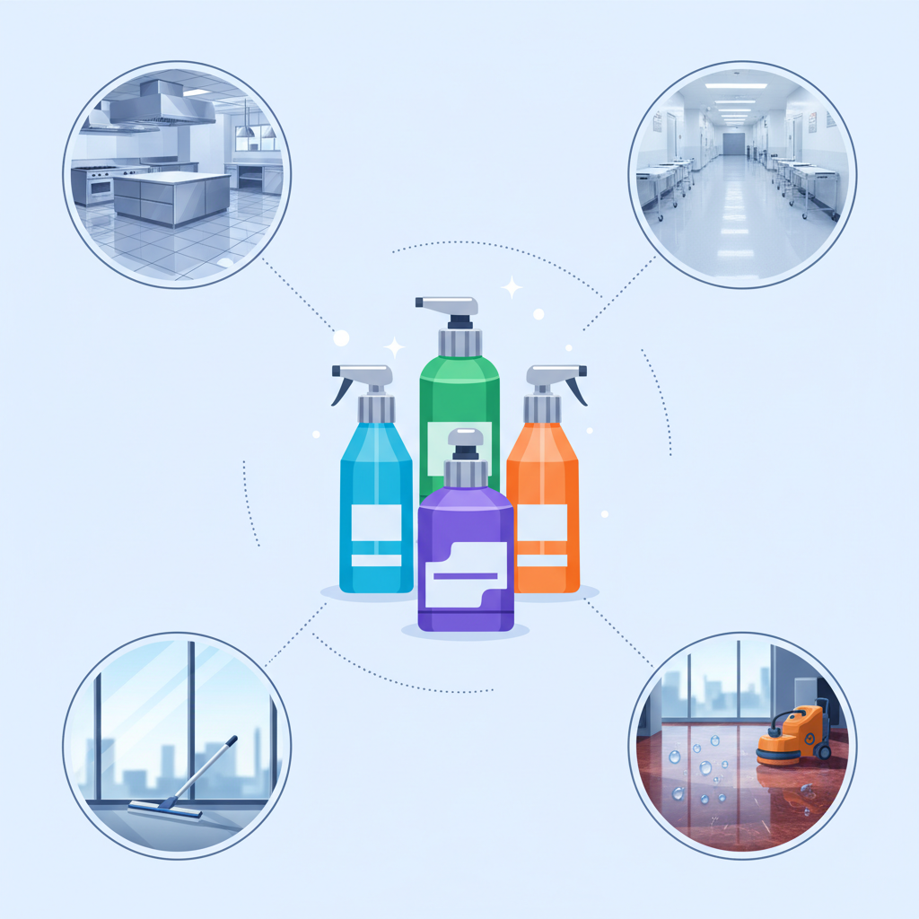 A dynamic, modern infographic-style illustration showcasing the broad applications and effectiveness of professional cleaning products. The central focus is a set of generic, sleekly designed professional cleaning product bottles (e.g., various sizes and colors, hinting at different types like degreaser, disinfectant, floor cleaner). Around them, several smaller, interconnected vignettes depict diverse cleaned environments: a sparkling, stainless steel commercial kitchen, a pristine, disinfected medical facility hallway, a gleaming, streak-free office window, and a freshly polished natural stone floor. The overall impression should be one of superior hygiene, specific application, and long-lasting cleanliness across multiple professional settings.