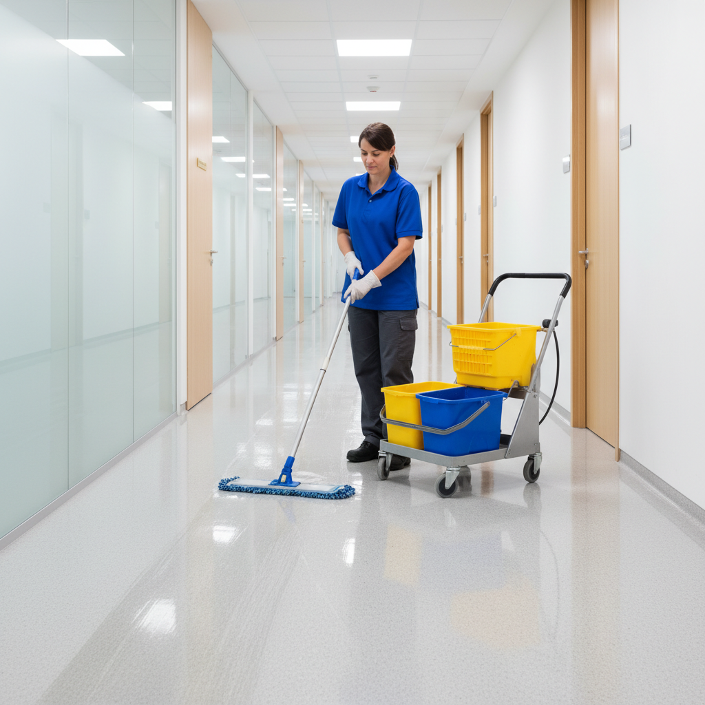 A high-quality, professional photograph capturing a modern office or hospital hallway being meticulously cleaned. A professional cleaner, dressed in a clean uniform, efficiently operates a robust, industrial-grade flat mop system. The equipment includes a large, professional dual-bucket or wringer mop trolley. The floor behind the cleaner is visibly sparkling, wet, and pristine, contrasting slightly with the section ahead which shows subtle signs of use. The scene emphasizes cleanliness, efficiency, and the sturdy construction of commercial cleaning equipment.