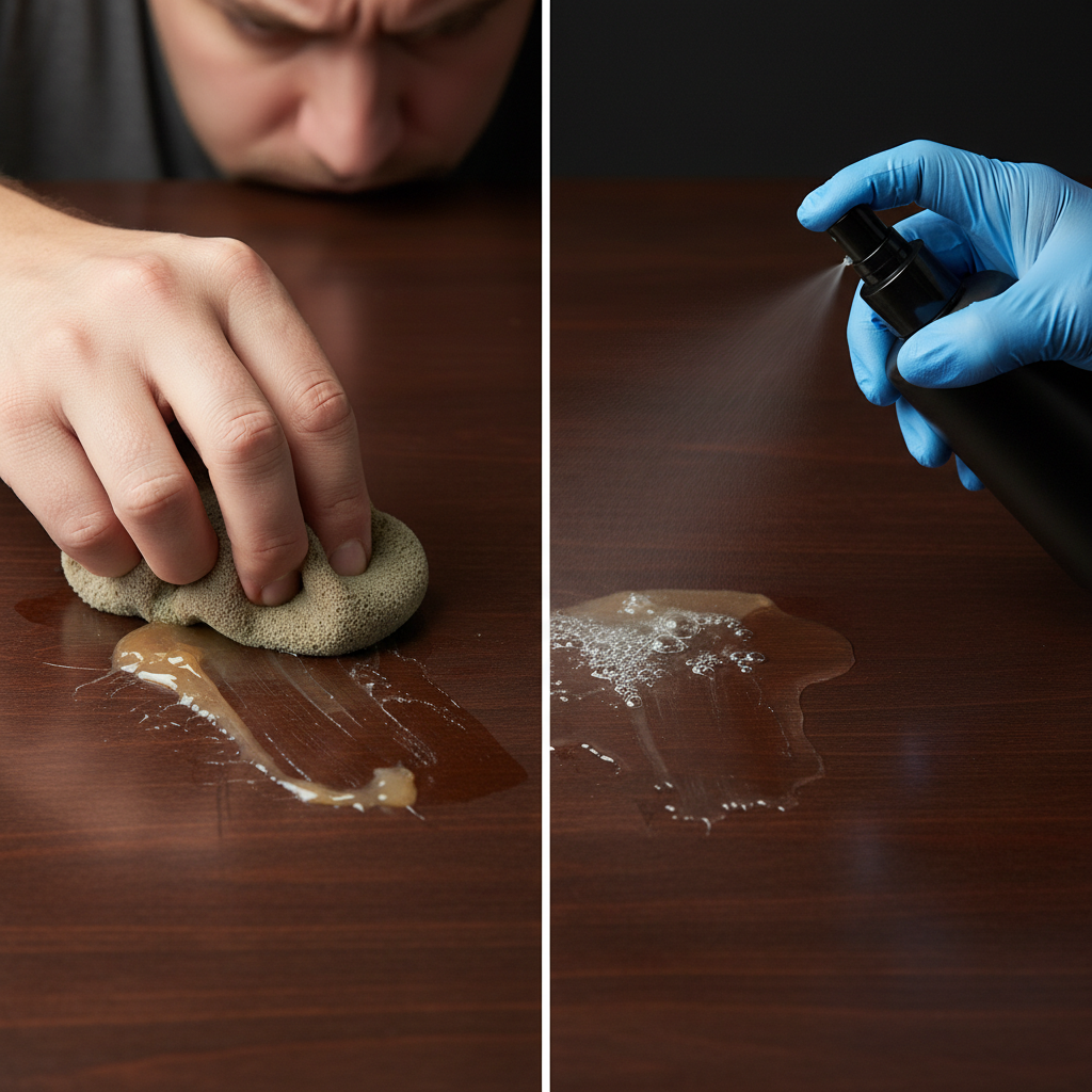 A professional, high-resolution photo capturing a contrasting scene. On one side, a hand holding a generic, worn sponge unsuccessfully attempts to scrub away a visible, sticky glue residue from a polished wooden table, showing subtle signs of frustration. On the other side, a different hand, wearing a protective glove, precisely applies a clear, concentrated liquid from an unlabelled, sleek, professional-looking spray bottle onto an identical residue spot, which is now almost completely gone, revealing a perfectly clean, polished wooden surface underneath. The lighting is bright and crisp, highlighting the superior effectiveness of the professional approach.