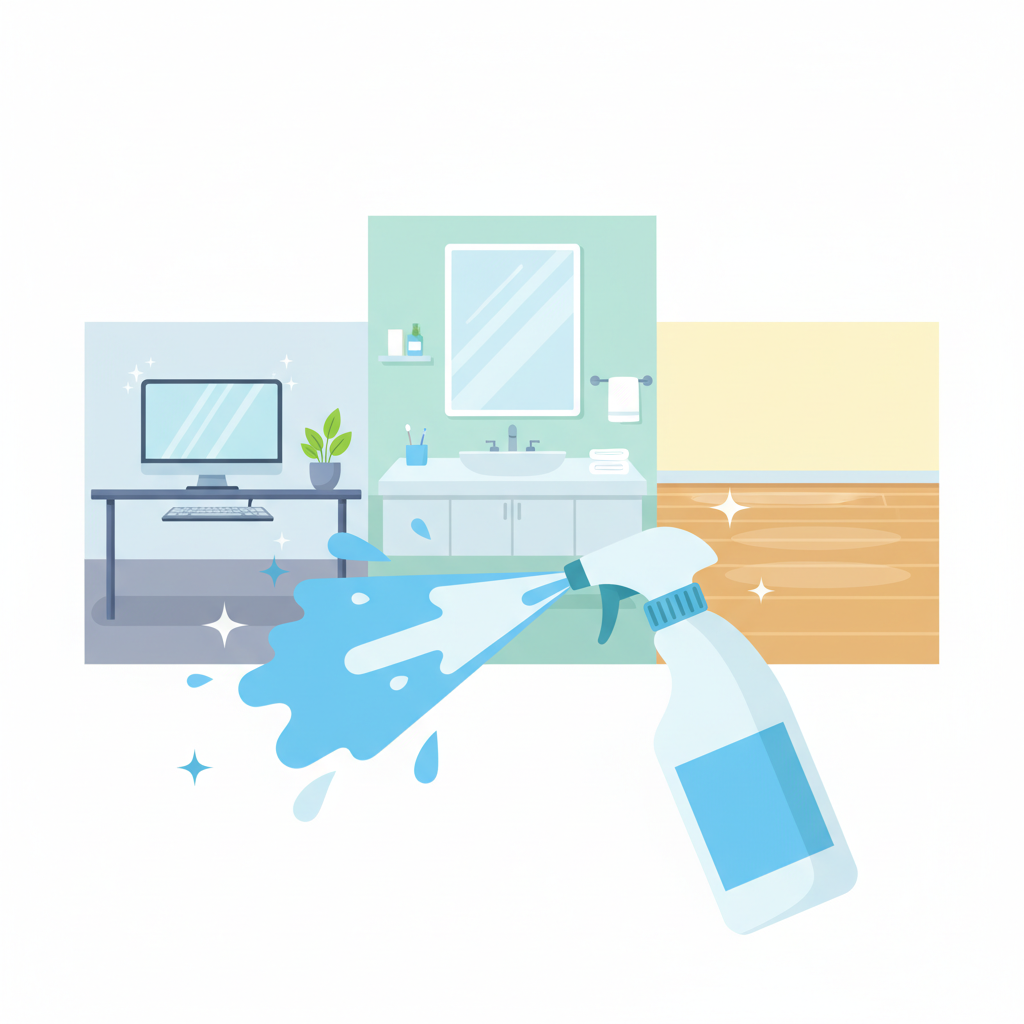 A clean, modern flat illustration depicting the versatility of professional cleaning. The image features a dynamic composition showcasing different aspects. In the foreground, a stylized, powerful spray emerges from an unlabelled, minimalist bottle, symbolizing concentrated cleaning agents. In the background, a seamlessly integrated montage shows various spotless environments: a gleaming office desk with a computer, a sparkling, clean bathroom surface, and a section of a polished wooden floor, all radiating freshness and hygiene. The overall aesthetic uses a bright, optimistic color palette with subtle sparkling effects on cleaned surfaces.