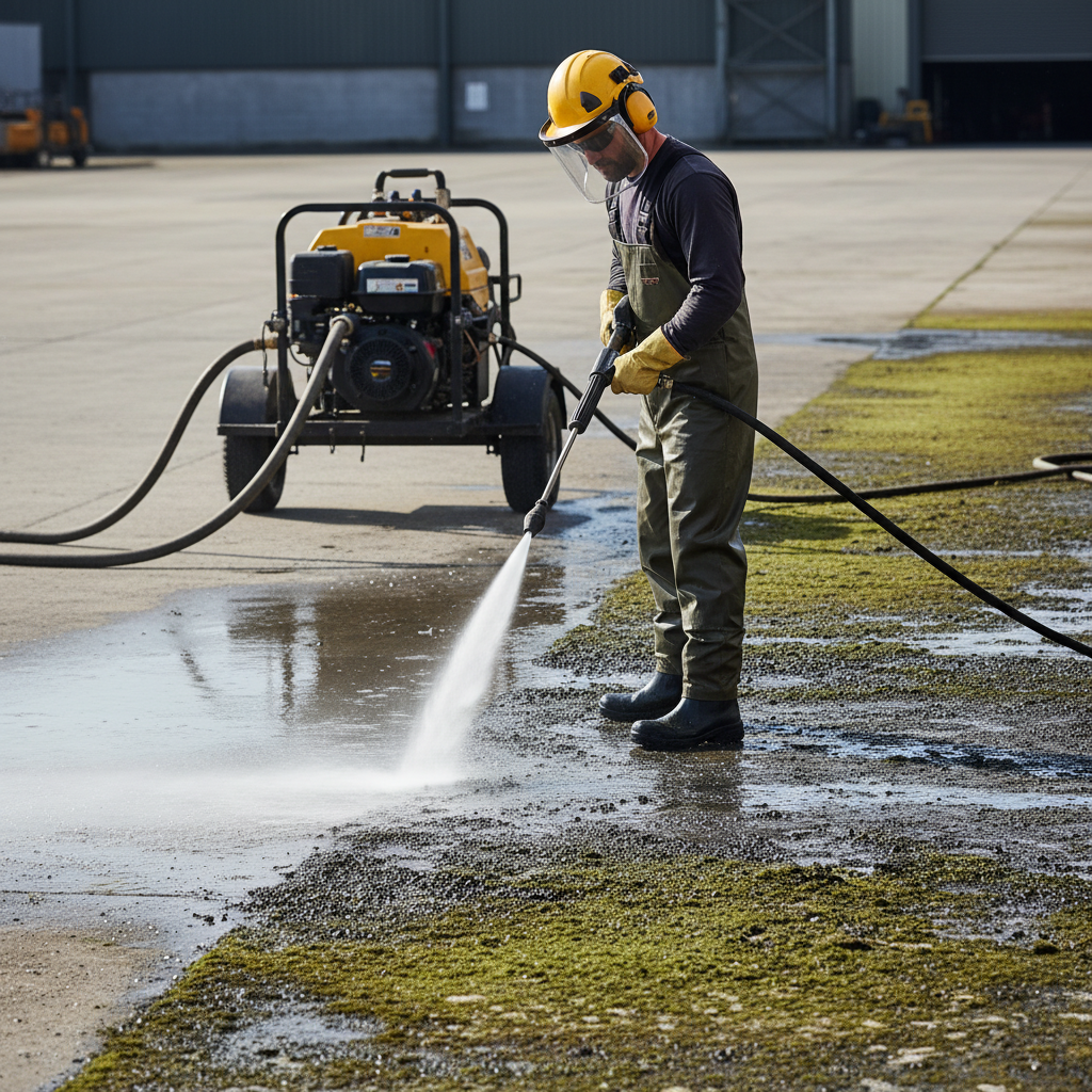 A professional, industrial-grade high-pressure cleaner in action, operated by a worker wearing appropriate safety gear. The powerful stream of water is effectively cleaning a large, heavily moss-covered stone wall or industrial concrete floor. There's a stark visual contrast between the deeply grimy, uncleaned section and the pristine, clean area revealed by the powerful jet. The machine itself looks robust and heavy-duty, suggesting durability and high performance. The scene conveys efficiency and professional-grade power. Style: Professional, high-quality photograph with vibrant colors and clear details, emphasizing the cleaning effect.