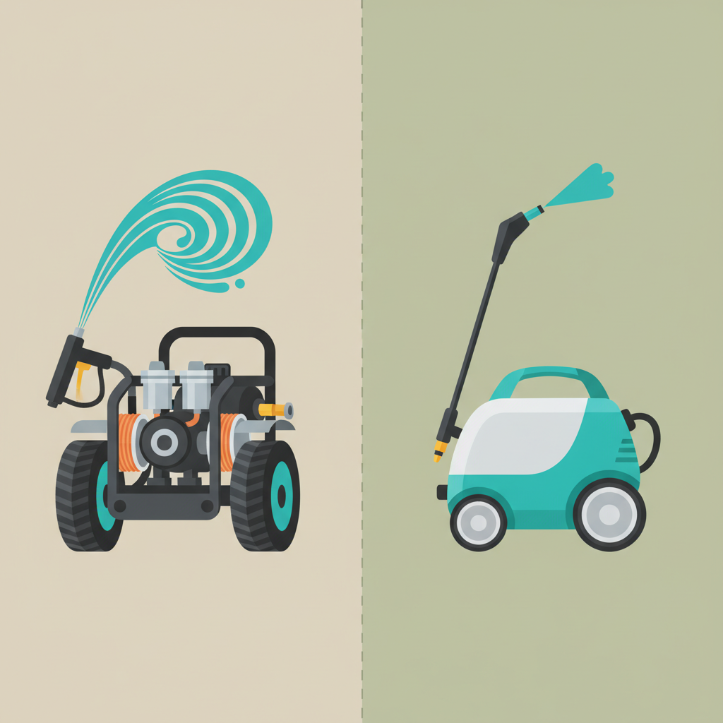 A side-by-side comparative illustration showcasing the distinct features of a 'Profi' high-pressure cleaner versus a standard 'Home-use' model. On the left, the professional device appears robust, with visible sturdy metal components, larger wheels, and a heavy-duty design, subtly implying higher pressure and flow. On the right, the home-use device looks lighter, with more plastic elements and a compact design. Visual cues like a larger, more intense water jet symbol for the professional model and a smaller one for the home model should differentiate them without any text. Style: Clean, modern flat illustration with a clear visual distinction, using a muted color palette with an accent color for emphasis.