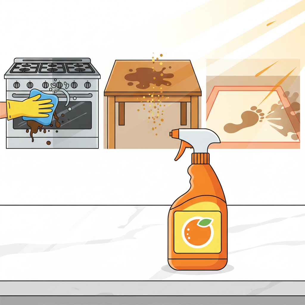 A dynamic, bright scene depicting various cleaning tasks in a modern home. A generic, orange-themed cleaner bottle stands prominently on a sparkling clean kitchen counter. In the background, subtle visual cues represent different dirty surfaces transforming into pristine areas: a greasy stove top becoming spotless, a sticky residue dissolving from a wooden table, and a general floor stain vanishing. A pair of gloved hands might be subtly involved in the action, holding a cleaning cloth near one of the transforming surfaces. The overall impression is powerful, versatile cleaning with a fresh, citrusy feel. Flat illustration style with vibrant colors and clean lines.