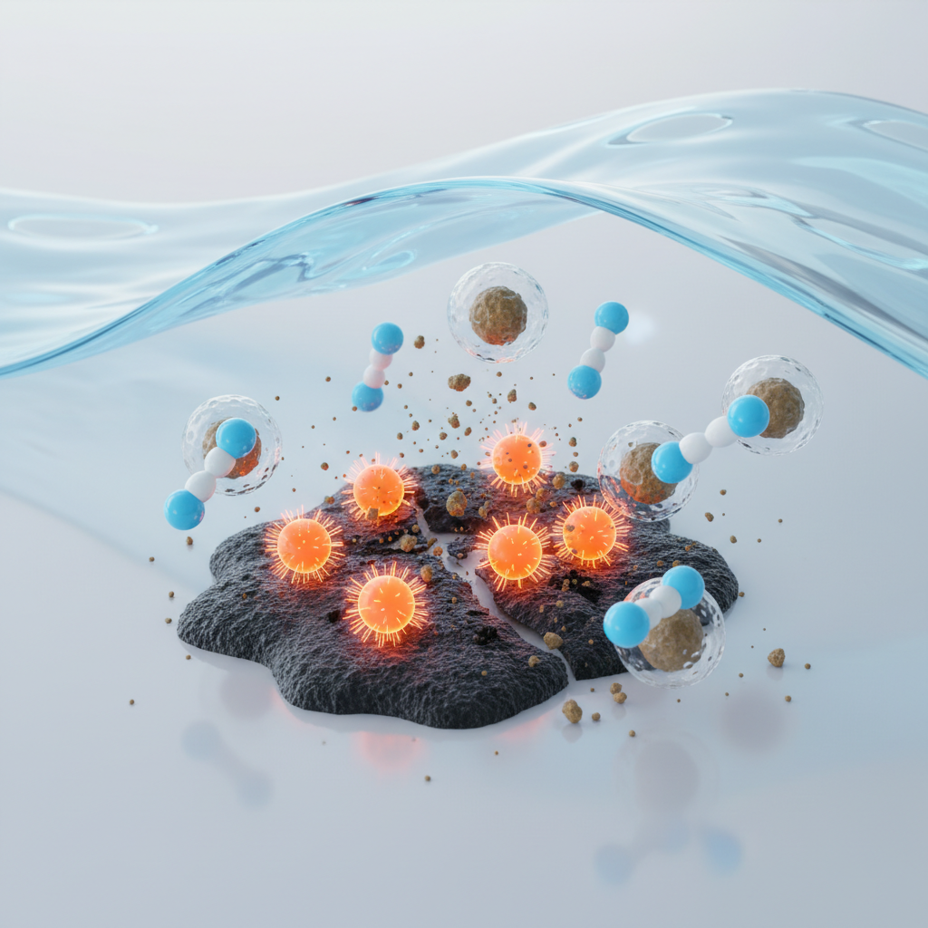An abstract, scientific illustration showcasing the cleaning mechanism of an orange-based cleaner. Focus on a stylized representation of stubborn dirt (e.g., a dark, irregular blob) on a smooth surface at a microscopic level. From the dirt, smaller, vibrant orange spheres are shown actively penetrating and breaking the dirt apart. Simultaneously, microscopic, barbell-shaped entities surround the loosened dirt particles, lifting and encapsulating them, making them ready to be washed away by an implied liquid. The background should suggest fluidity. The overall effect is a powerful, molecular-level breakdown of grime, visually demonstrating deep cleaning action. Scientific illustration style with clear, distinct elements and a bright, clean palette.