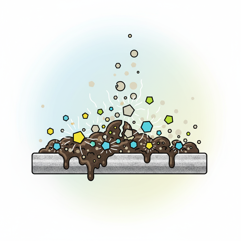 A vibrant, clean flat illustration depicting the molecular action of a cleaning agent on stubborn grime. The scene shows a cross-section of a surface (like an oven wall or grill bar) with a thick layer of dark, burnt-on food residue and grease. Small, stylized 'active ingredient' particles or abstract chemical symbols are shown penetrating and breaking down the larger, darker grime particles, causing them to detach and dissolve into smaller, easily removable elements. The illustration should convey a sense of powerful yet gentle action, with light, energetic lines indicating the cleaning process. The background is simple and bright.
