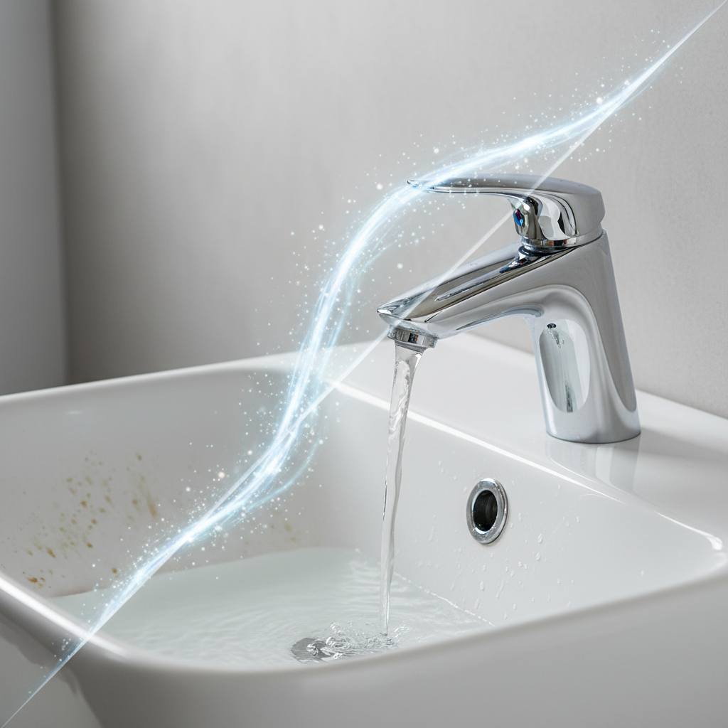 A dynamic scene illustrating a bathroom basin and chrome faucet undergoing a transformation. One side of the basin and faucet shows stubborn limescale, soap scum, and water spots, appearing dull and grimy. A subtle, sparkling wave or streak, emanating from an unseen cleaning action, sweeps across, revealing the other side of the basin and faucet gleaming brightly, highly polished, and spotless. The water appears crystal clear, reflecting light. The overall style should be a modern, professional product photography feel with a touch of stylized animation to represent the cleaning effect. Focus on the contrast of dullness versus brilliant shine.