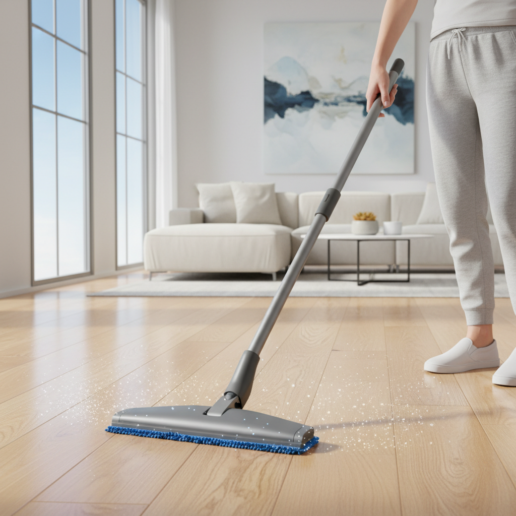 A professional photo of a bright, minimalist living room with a gleaming wooden floor. A person, seen from the waist down, holds a sleek, ergonomic floor wiper, gliding it smoothly across the floor. The mop head should be visibly made of a textured microfiber material, demonstrating its cleaning power. A subtle glow or sparkling effect emanates from the freshly cleaned path, emphasizing the 'flawless floors' outcome. The ergonomic handle design should be subtly highlighted, suggesting ease of use. The overall scene conveys efficiency, comfort, and a spotless result in a modern home cleaning context. Bright and airy aesthetic.