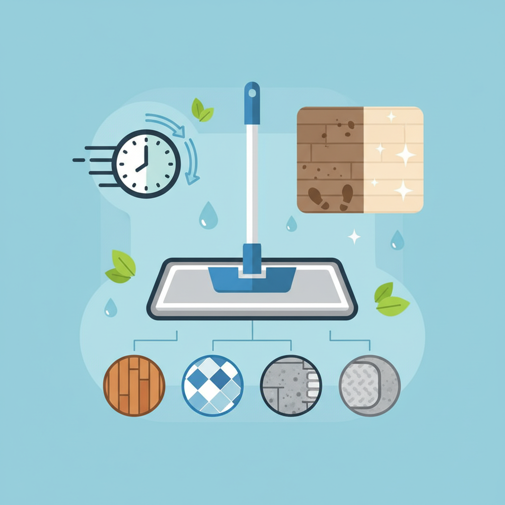 An infographic-style illustration depicting the multiple benefits of a modern floor cleaning system. The central focus is a stylized floor wiper with a versatile microfiber pad. Around it, present interconnected visual concepts: a clock showing accelerated time to represent time-saving, a split panel showing a dusty floor on one side transforming into a sparkling clean surface on the other for effective cleaning, and small icons representing different floor types (e.g., wood grain, tile texture) next to varied microfiber pad textures to symbolize versatility. Also, include subtle green leaf or water droplet motifs, suggesting environmental friendliness and gentle care for floors. The overall image is clean, clear, and easy to interpret, without any text. Flat illustration style with clean lines and a professional, modern color palette.
