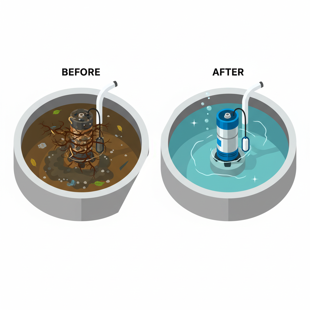 A professional, clean flat illustration depicting a 'before and after' scenario of a sump pit. On the left side, a neglected sump pit is shown, filled with murky, brown water, heavy sludge, and various debris choking a partially submerged pump. On the right side, the same sump pit is depicted sparkling clean, with clear water or freshly cleaned surfaces, and a well-maintained, efficient-looking pump. Use bright, contrasting colors to emphasize the transformation from dirty to clean, highlighting the benefits of maintenance.