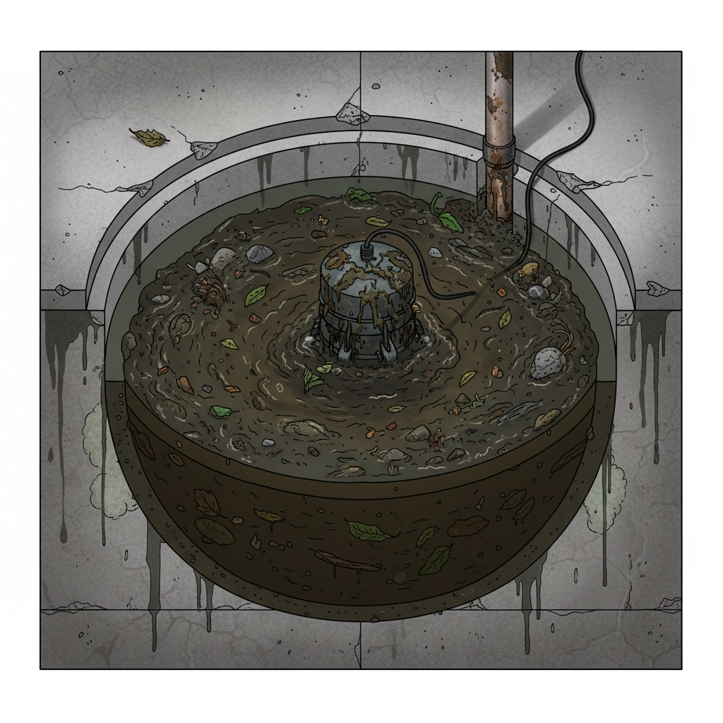 A detailed technical illustration showing a cross-section of a basement sump pit suffering from neglect. The pit is filled with dark, viscous sludge and dirty water almost to the brim, threatening to overflow. A submersible pump is visibly struggling, with its intake grates partially blocked by sediment and debris. Cracks or dampness subtly hint at potential water damage on the surrounding concrete walls. The overall mood conveys a sense of malfunction and an unhealthy environment due to lack of cleaning.