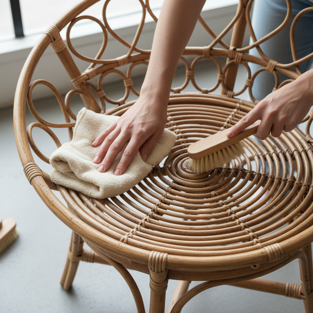 A close-up, top-down perspective of hands engaged in cleaning a natural rattan armchair. One hand, with clean fingers, gently holds a soft, light-colored microfiber cloth, carefully wiping dust from the intricate woven surface. In the background, a small, soft-bristled brush is poised, ready to reach into finer crevices of the rattan. The rattan itself should show a subtle contrast between slightly dusty areas and noticeably cleaner, subtly gleaming sections where it has been wiped. Emphasize a delicate and meticulous cleaning process. Style: Bright, professional studio photograph with soft, natural lighting.