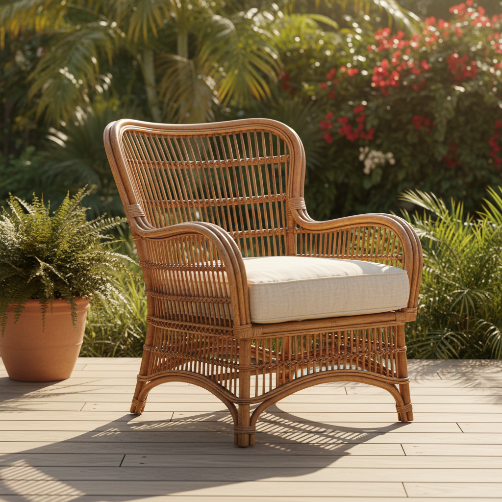 A serene and inviting scene showcasing a pristine, beautifully maintained natural rattan lounge chair. The chair is positioned on a clean, light-colored wooden patio or balcony floor, bathed in warm, soft sunlight. The rattan's surface subtly gleams, highlighting its natural texture and a healthy, cared-for sheen, conveying durability and elegance. The background is gently out of focus, featuring lush green foliage or a peaceful garden setting, suggesting a tranquil outdoor living space. The overall atmosphere should evoke comfort, longevity, and natural beauty. Style: High-quality, warm-toned lifestyle photograph, emphasizing natural light and detailed textures.